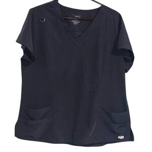 New York Laundry Medics Womens Black Scrub Top XL V-Neck Short Sleeve W/ Pockets